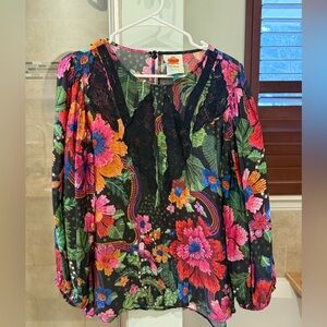 Like New Farm Rio Blooming Garden lace-trim blouse, L